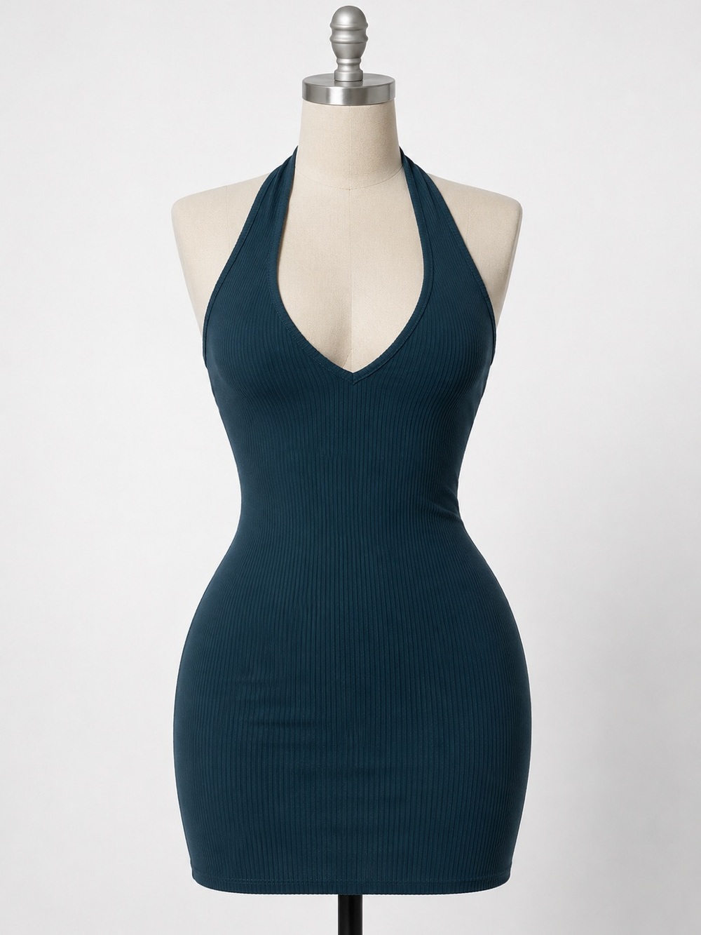 Halter Mini Ribbed Bodycon Dress in Teal